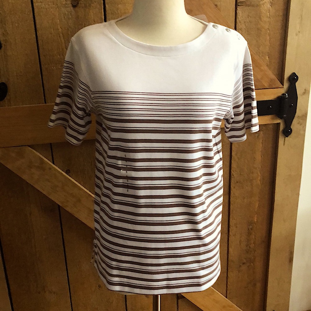Womenswear NWT White & Brown Cotton Polyester Pull Over Short Sleeve Shirt.